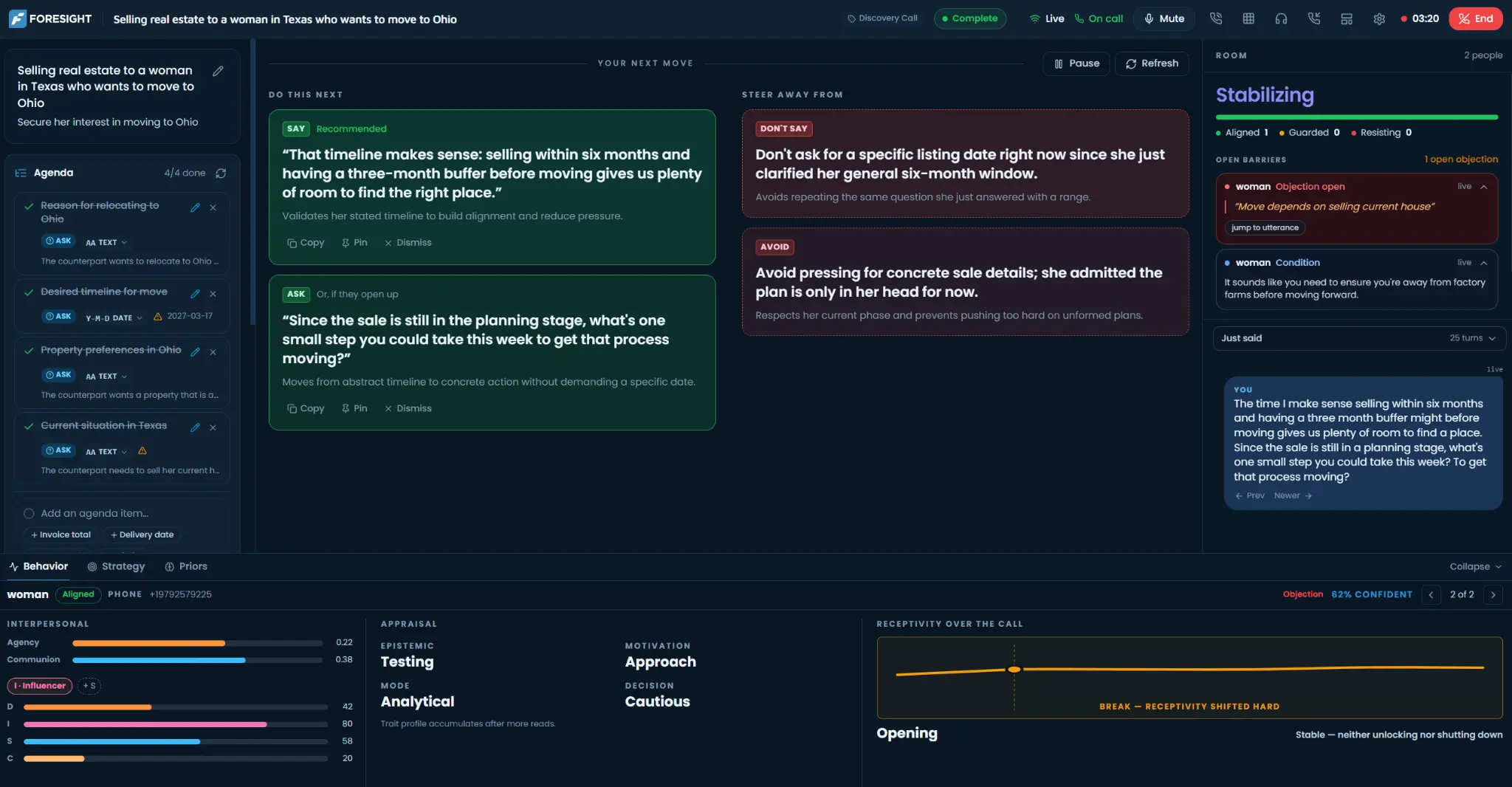 FORESIGHT interface showing real-time Say, Ask, Don’t Say, and Avoid guidance during a live sales conversation